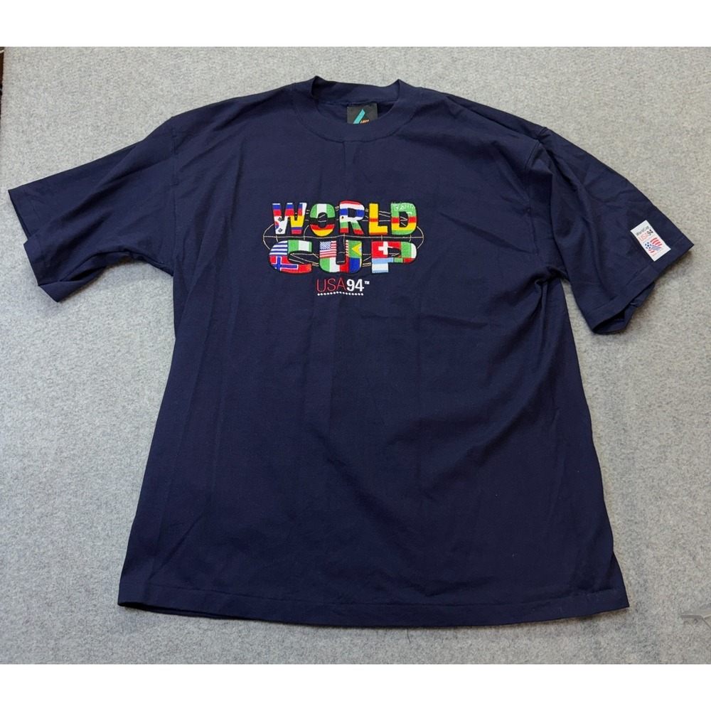 VTG 1994 World Cup USA '94 Embroidered Logo Athletic T-Shirt XL Navy Made USA‎